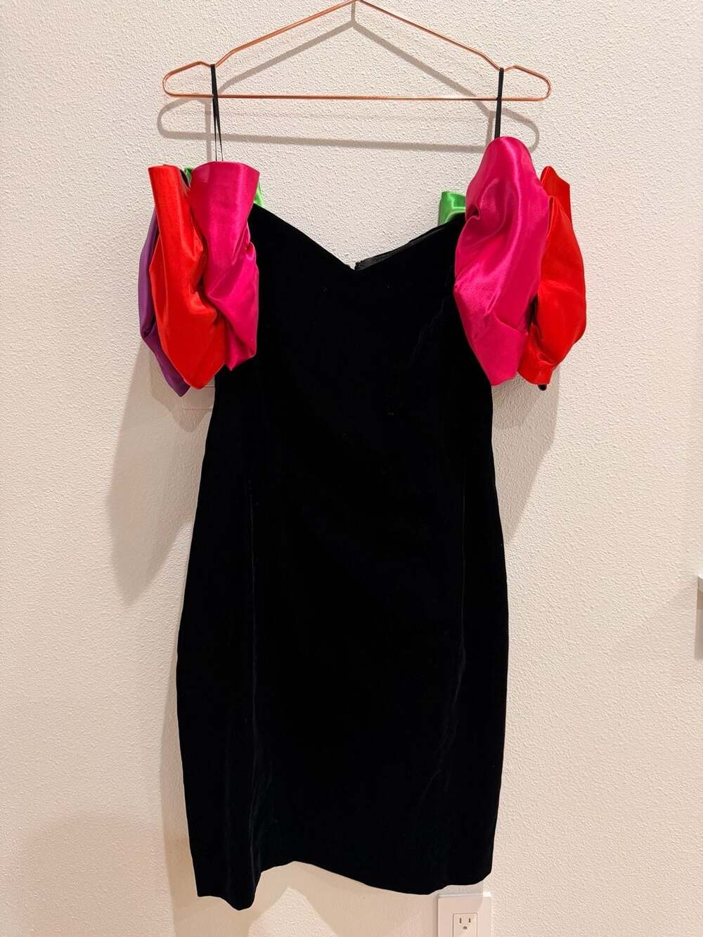 Vintage A.J. Bari Black Velvet Dress with Colorful Puff Sleeves size 8